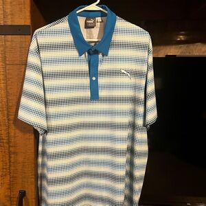 Puma Men’s Blue and White Grid-Stripe Polo